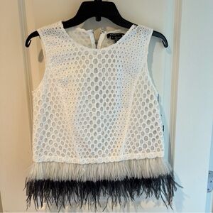 NWT etcetera white sleeveless eyelet top with black & white feather accents | 0